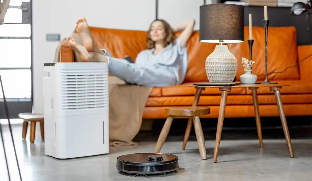 Woman sitting on couch with a robot vacuum and air purifier 