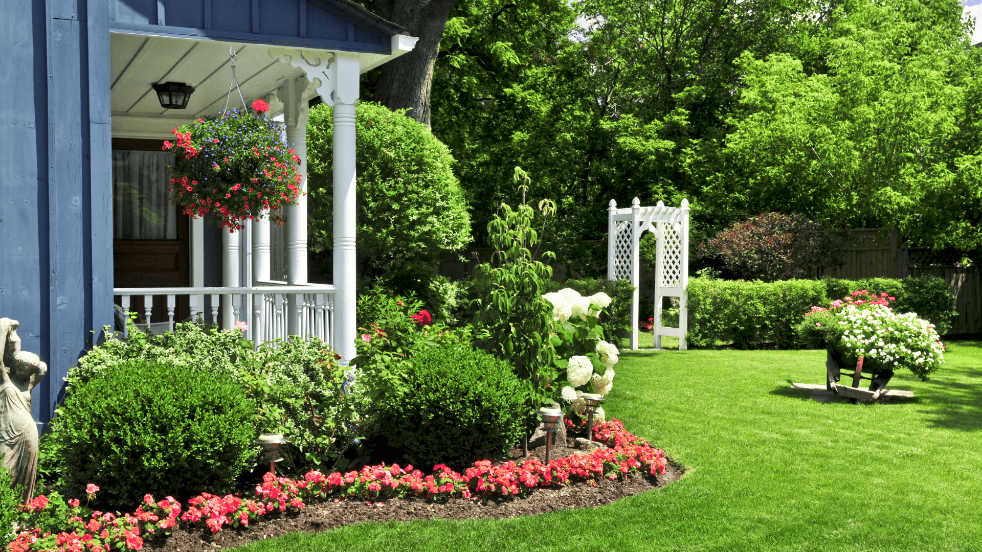 Blue house with well maintained yard and garden 